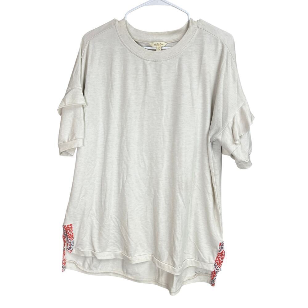 Matilda Jane Women's Shirt Large Cream Short Ruffle Sleeves Crew Neck